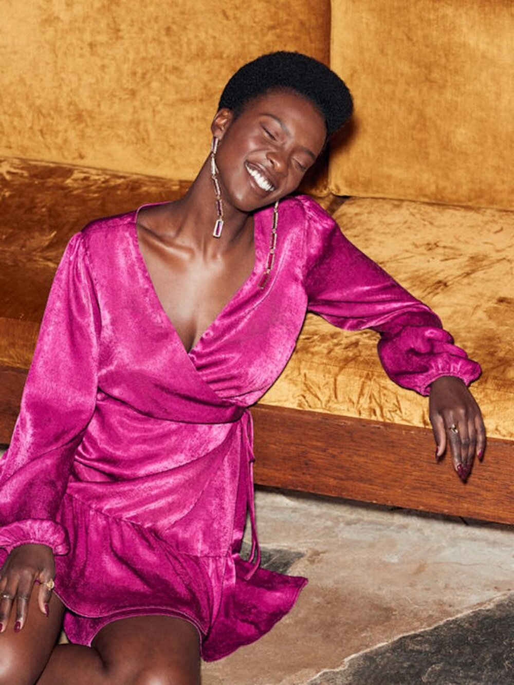 Lulus So Splendid Magenta Purple Satin Long Sleeve Wrap Dress - Size M